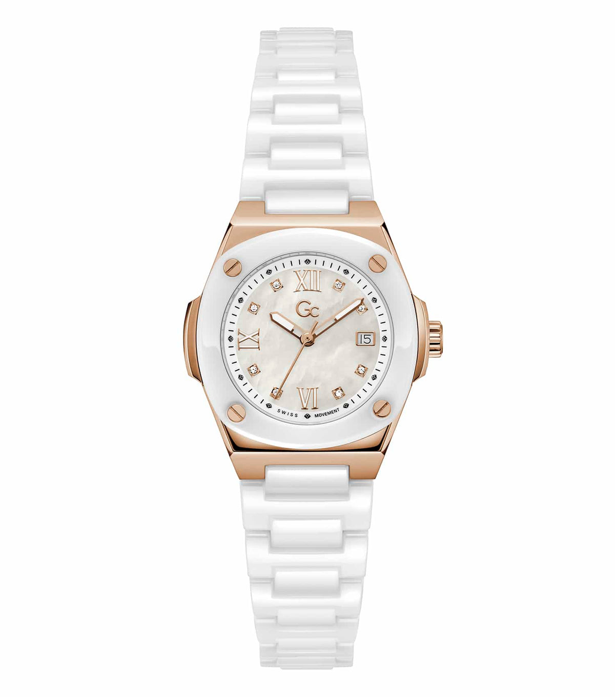 GC coussin-shaped watch in rose gold color, featuring a unique easygoing flow with a side angle view showcasing elegance.