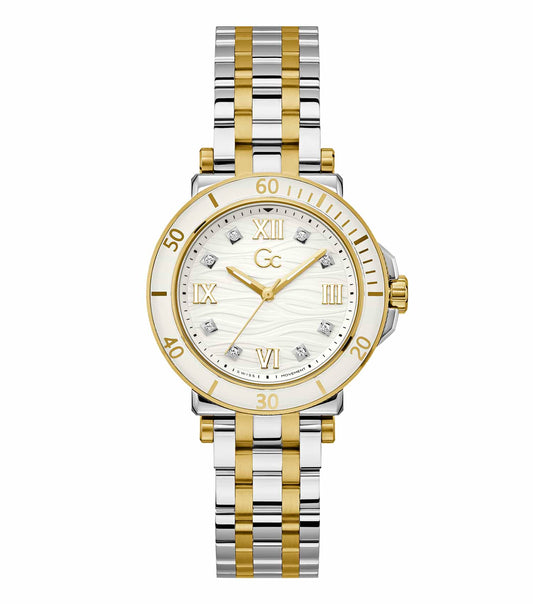 GC watch in elegant design with a none color scheme, viewed from a slight side angle, showcasing its sophisticated dial and sleek straps.