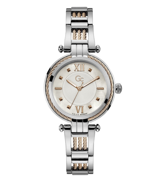 Gc elegant watch with sparkling silver color, front view showing sleek metal strap and round face, perfect for luxury enthusiasts.