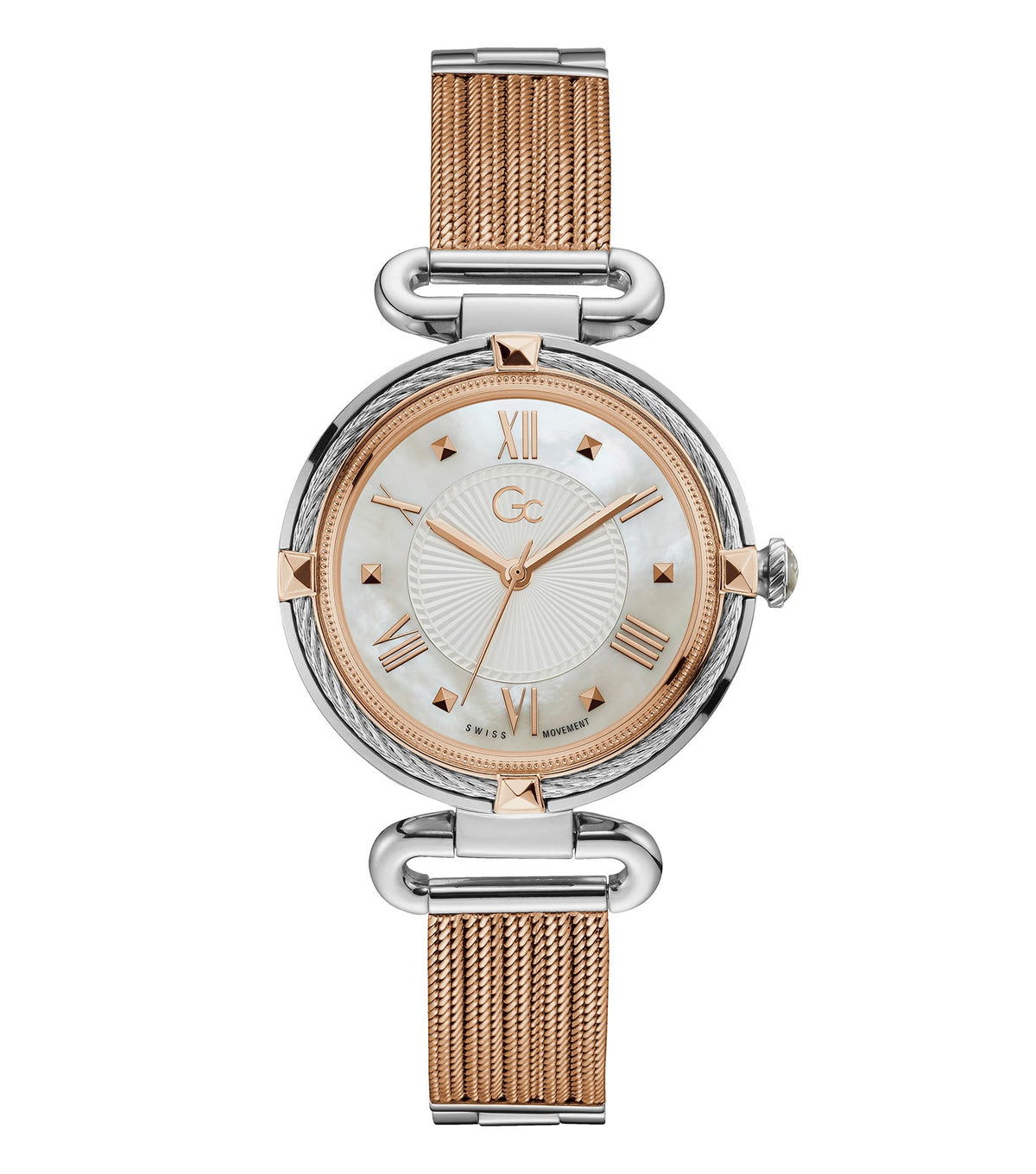 Luxurious Gc quartz watch in serene white, displaying precise details at a 36-degree angle, showcasing classic elegance.