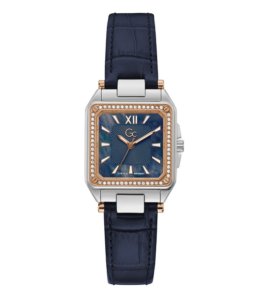 GC watch in warm neutral tone, highlighting the elegant design, angled sideways showcasing the distinct dial and stainless steel bracelet.