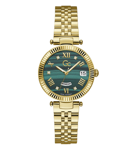 Gc brand Quartz color watch, gleaming with elegance, showcased in a dynamic 34-degree angle, highlighting refined craftsmanship.