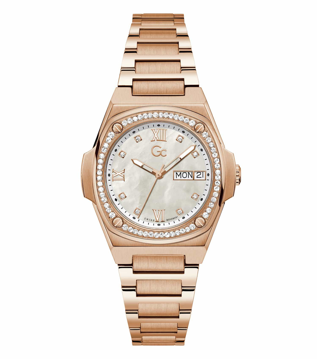 Rose gold gc watch with sparkling bezel, white strap; angled view showcasing elegant face design and luxurious timepiece style.
