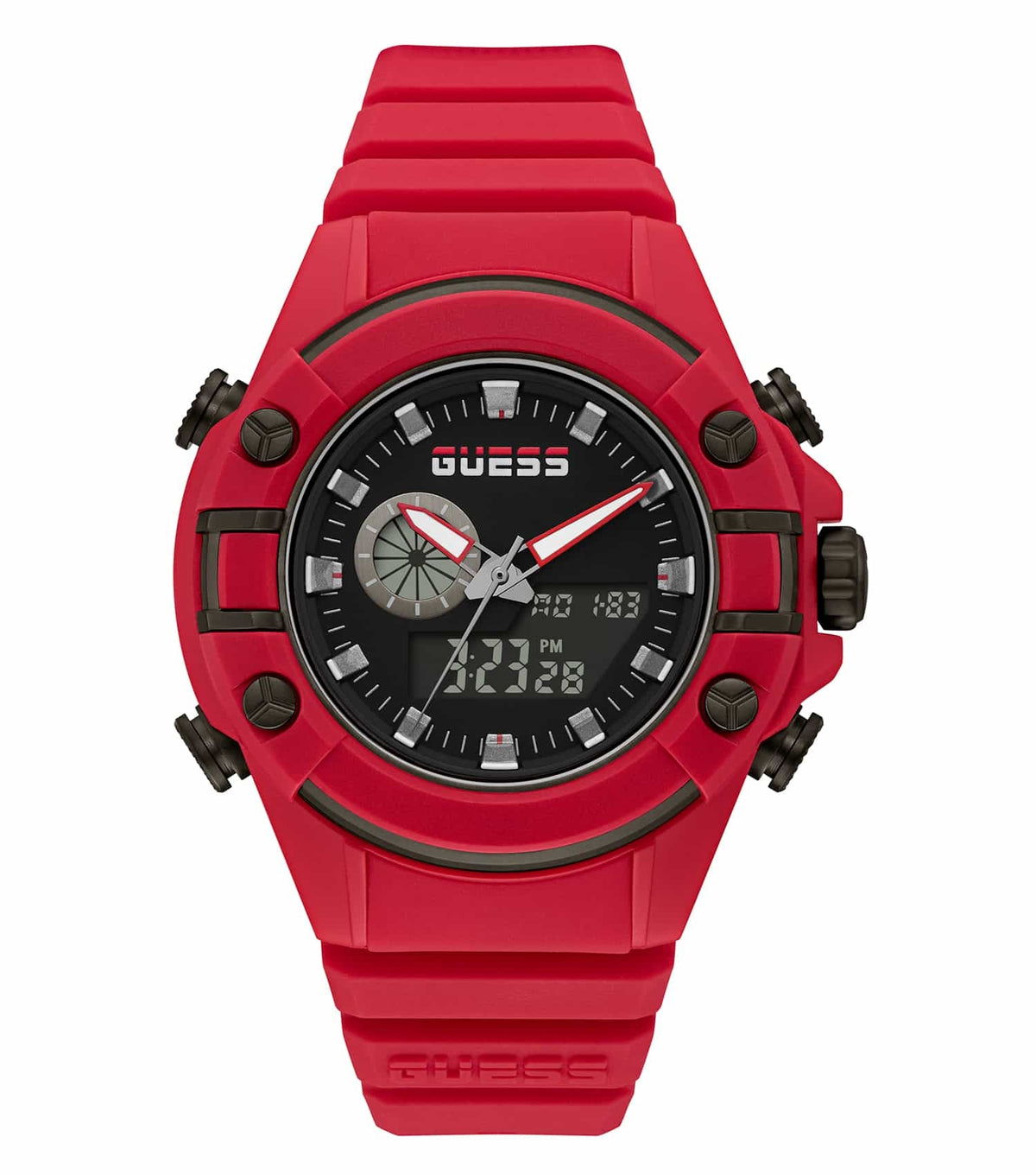 Guess black watch, angled display showcasing sleek design and craftsmanship, ideal accessory for timeless elegance enthusiasts.