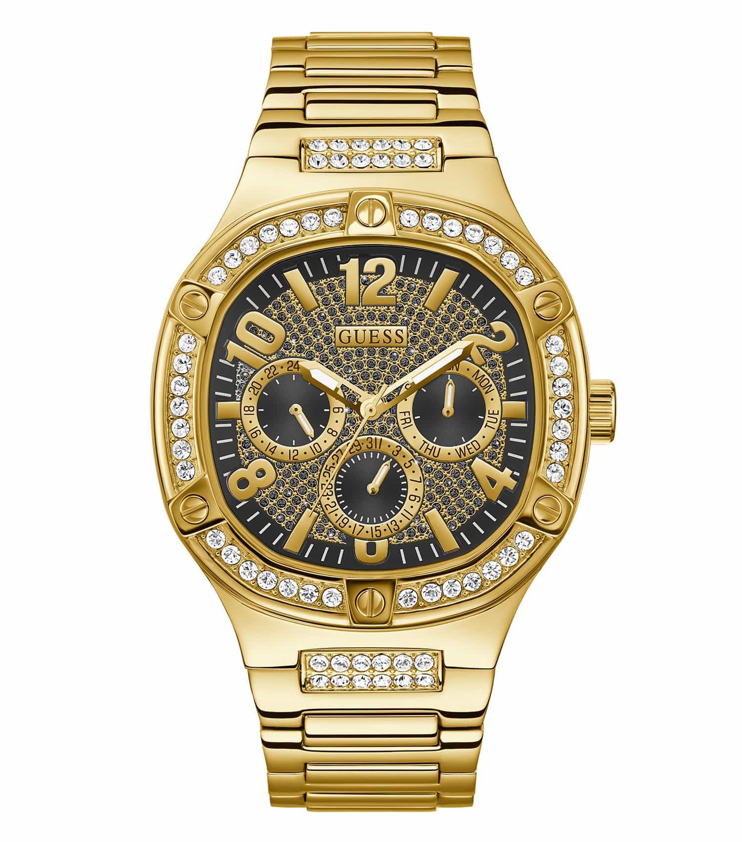 Passionate view of Guess Black Quartz Watch, model GW0576G2 at 46.5mm, angled towards the left, showcasing sleek design.