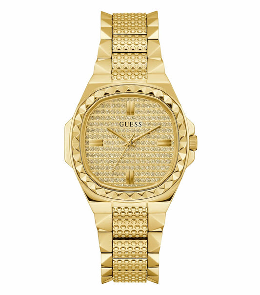 Guess gold-tone watch with elegant bracelet close-up; dial at a slight angle, showcasing stylish design and premium finish.