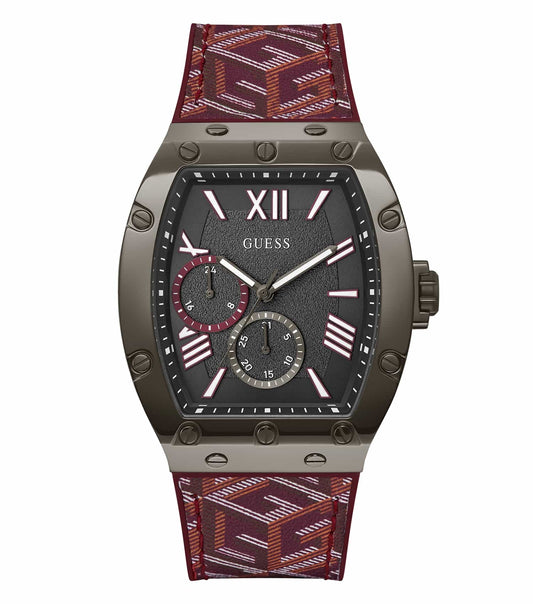 Passionately crafted Guess red watch, prominently displaying sleek analog dial, angled to showcase its bold red elegance.