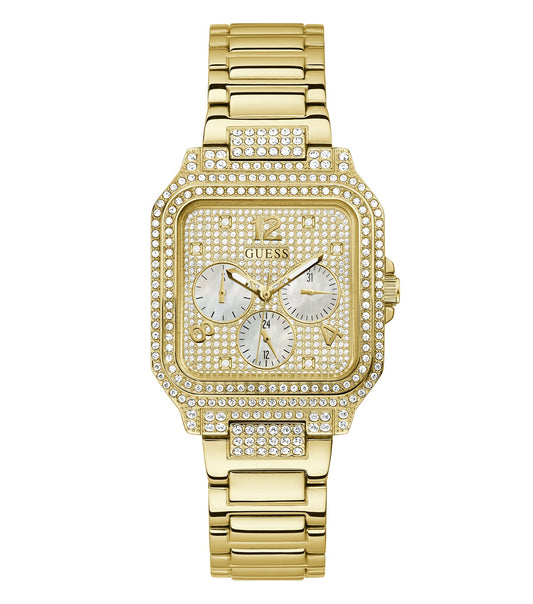 Fashionable Guess watch in classic deco color, showcasing a front-facing angle with gold-tone accents and elegant design