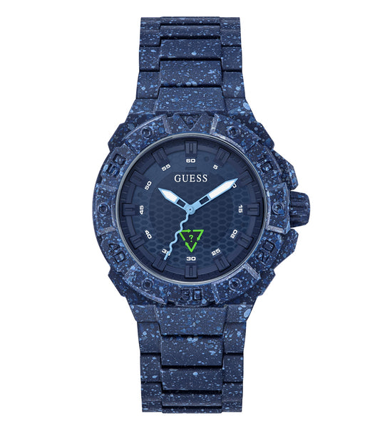 Elegant Guess watch in black with stainless steel bezel, angled from left, showcasing minimalist dial and silver accents.