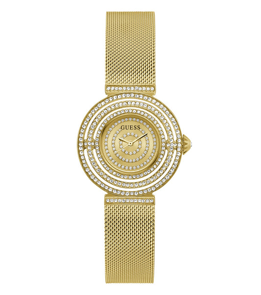 Stylish Guess quartz watch with a gold-toned bezel and white face, top-down angle, exuding elegance and modernity.