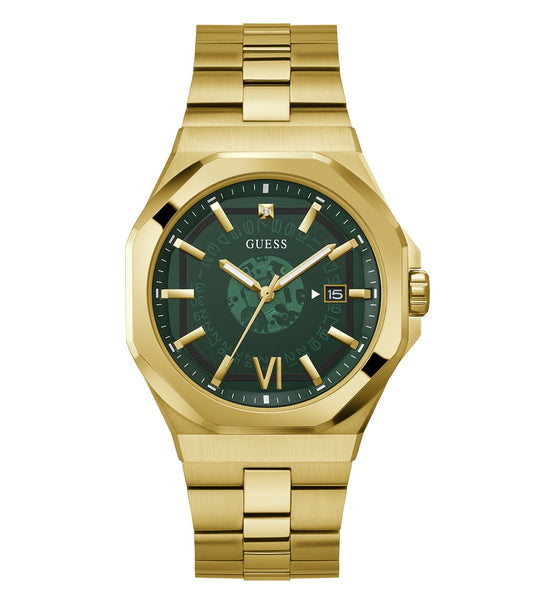 Elegant Guess watch in black color with gold accents, showcasing a round dial and black strap in a front-facing angle.
