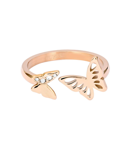 Guess Jewellery exquisite rose gold ring, side view showcases intricate detailing, elegant shimmer, perfect for fashion-forward enthusiasts.