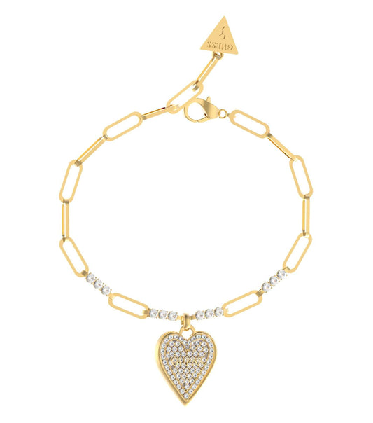 Elegant Guess Jewellery gold bracelet with intricate design, angled view showing fine details and polished metal finish.