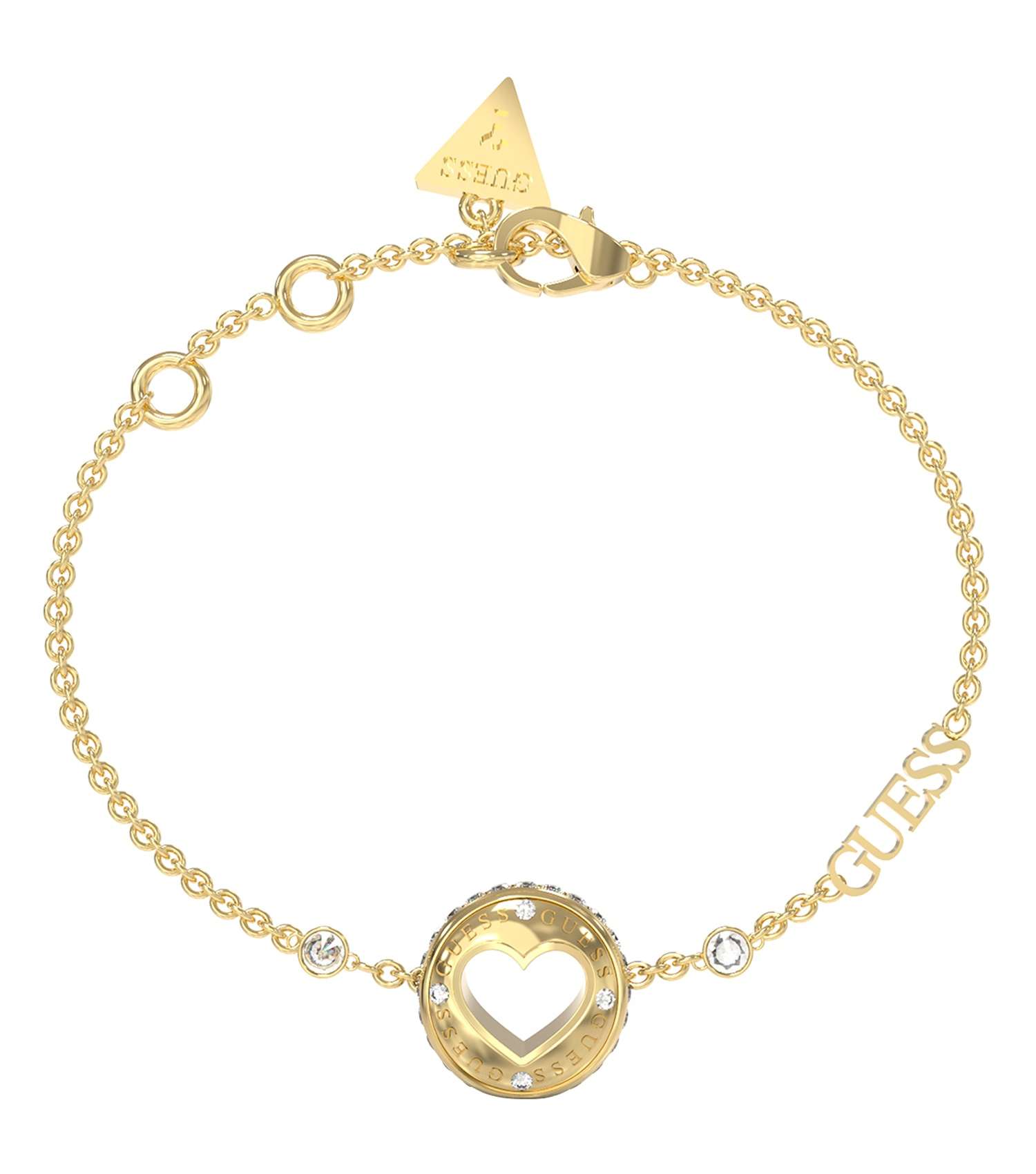 Gold bracelet by Guess Jewellery, photographed at a front angle, showcasing its sleek design and luxurious golden hue.