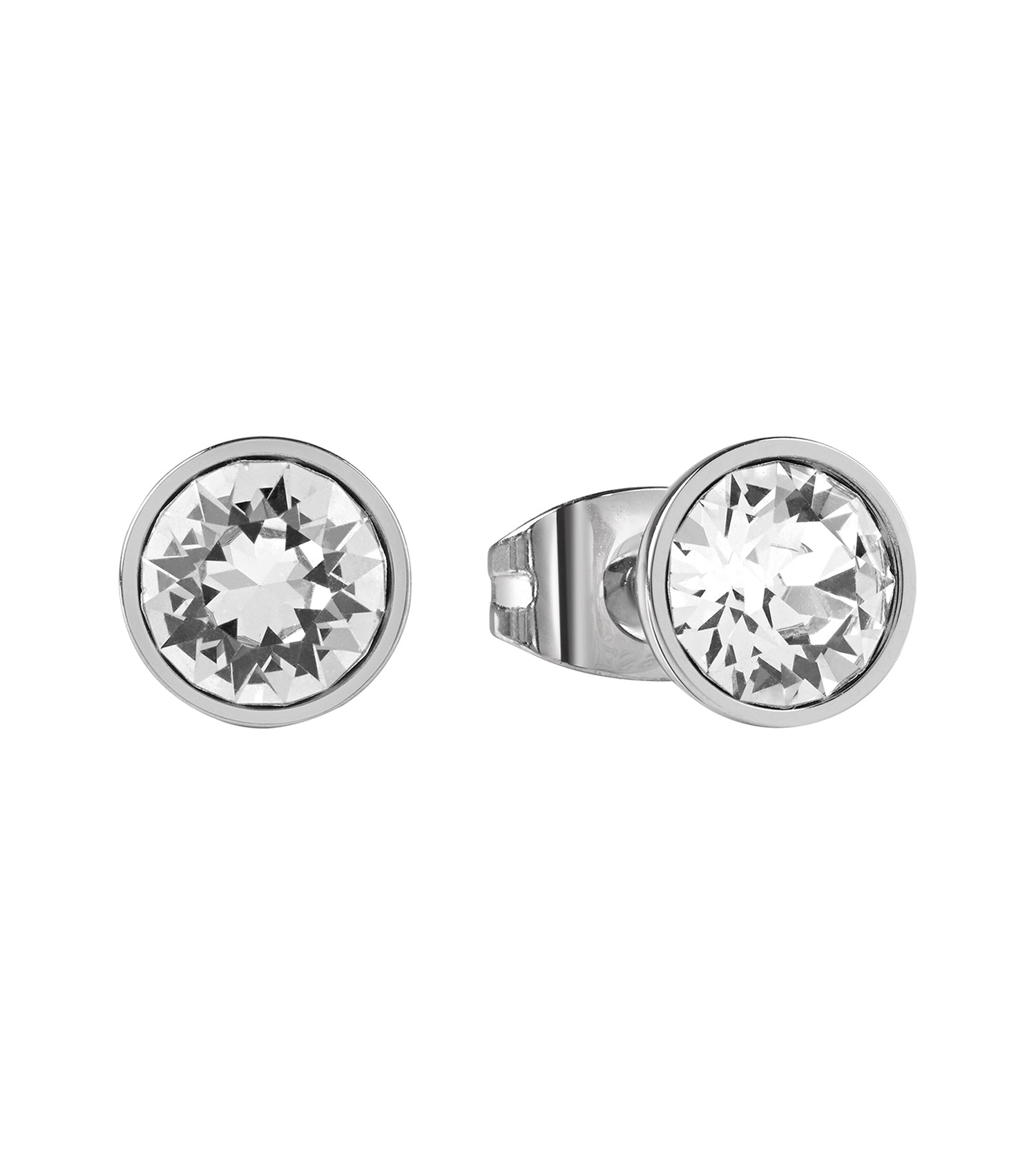Guess Jewellery silver earring, front view, showcasing sleek design and polished finish, enhancing any stylish ensemble.
