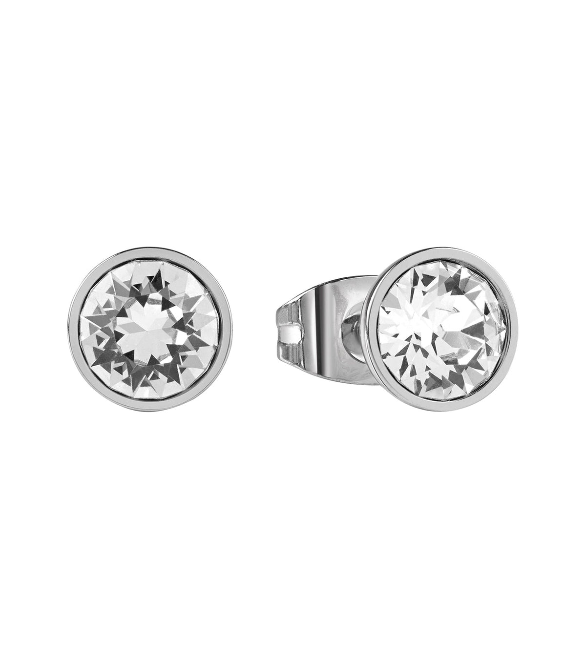 Guess Jewellery silver earring, front view, showcasing sleek design and polished finish, enhancing any stylish ensemble.