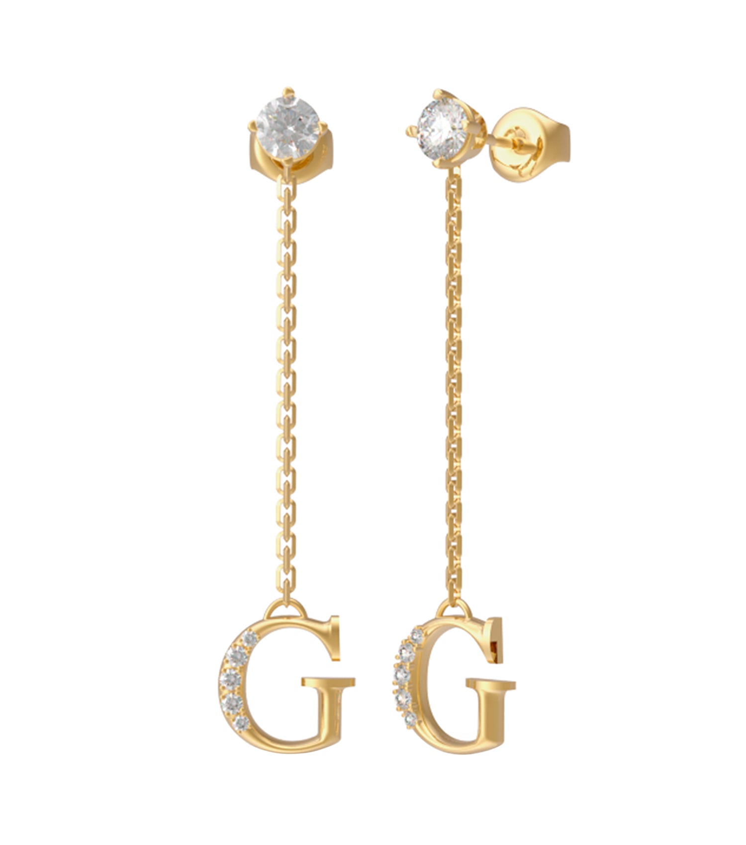 Gold-colored Guess Jewellery earring laying flat, featuring intricate design elements, highlighting elegance and style from a top view angle.