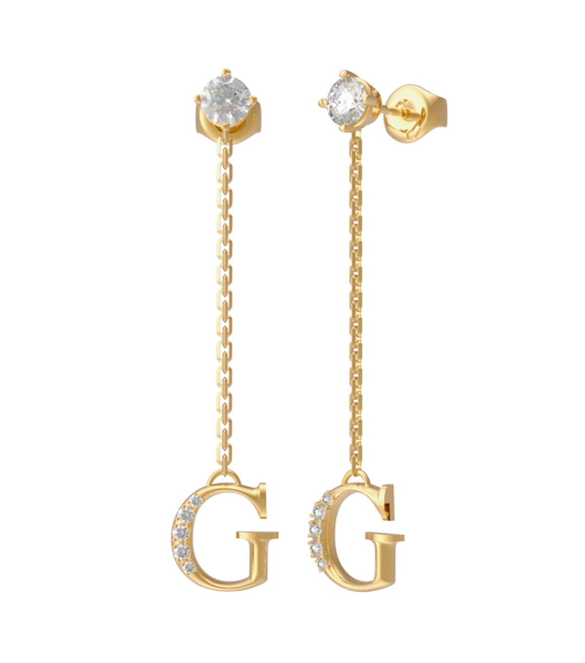 Gold-colored Guess Jewellery earring laying flat, featuring intricate design elements, highlighting elegance and style from a top view angle.
