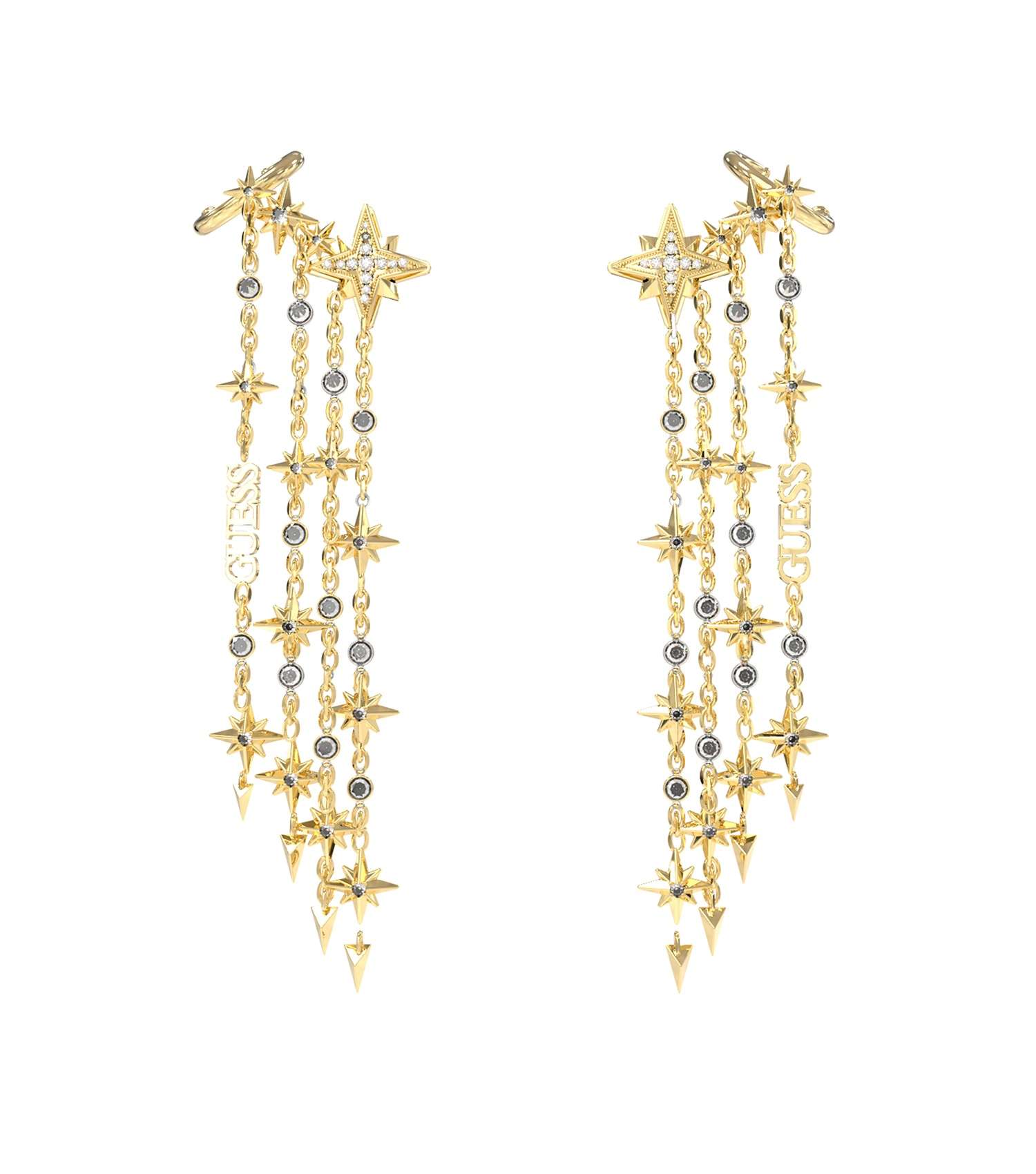 Gold-colored Guess Jewellery earrings with intricate design, one size, angled diagonally, showcasing timeless elegance and style.