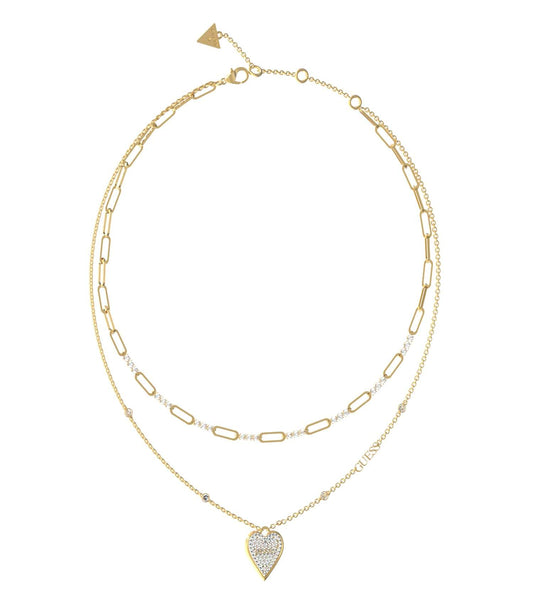 Guess Jewellery gold necklace elegantly displayed at eye-level angle, showcasing intricate chain design in radiant golden hue.