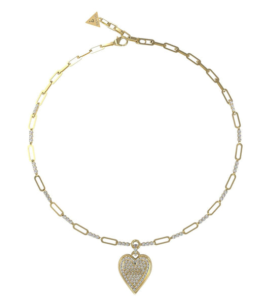 Gold-toned Guess Jewellery necklace with a sleek, polished finish, captured at an elegant side-angle against a plain background.