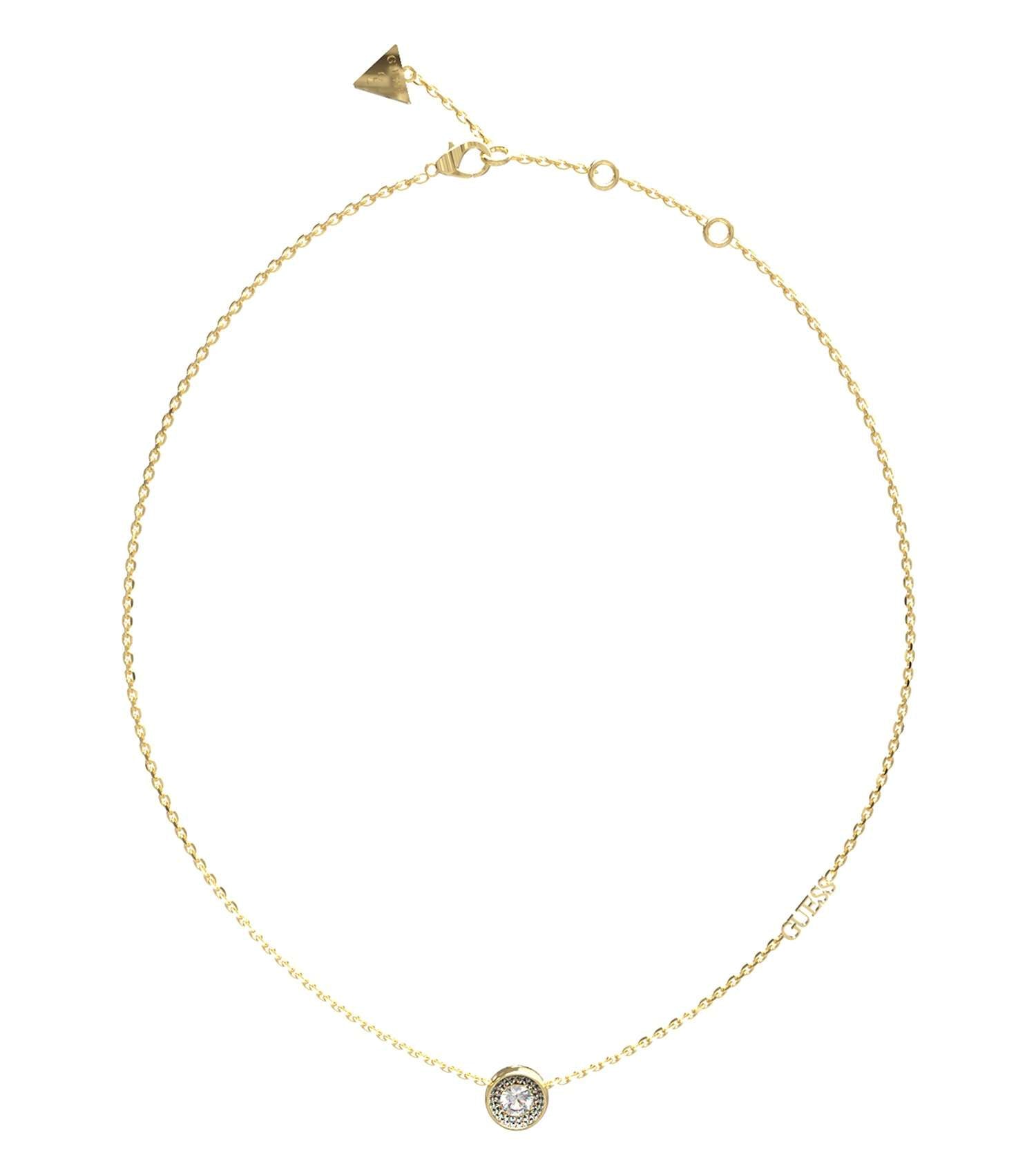 Gold-tone Guess Jewellery necklace, front-facing view, highlighting elegant chain design and stylish Guess pendant charm.