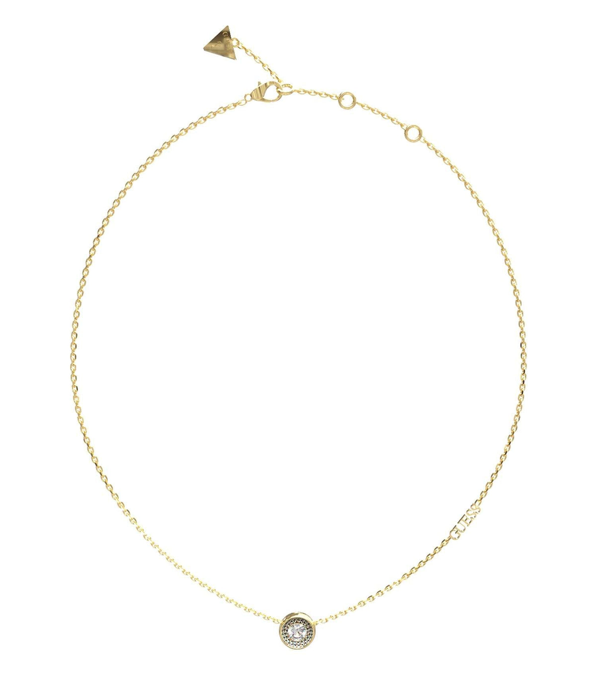 Gold-tone Guess Jewellery necklace, front-facing view, highlighting elegant chain design and stylish Guess pendant charm.