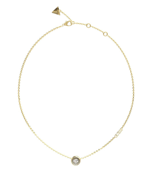 Gold-tone Guess Jewellery necklace, front-facing view, highlighting elegant chain design and stylish Guess pendant charm.
