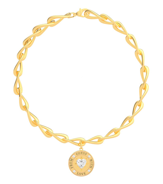 Elegant gold Guess Jewellery necklace at a front-facing angle, showcasing intricate design and timeless appeal against a simple background.