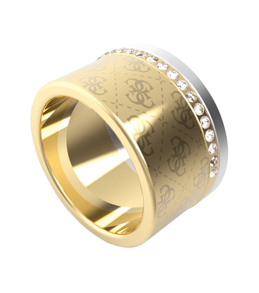 Guess Jewellery ring in elegant silver and gold tones, showcased at a detailed close-up angle, perfect for passionate accessory enthusiasts.