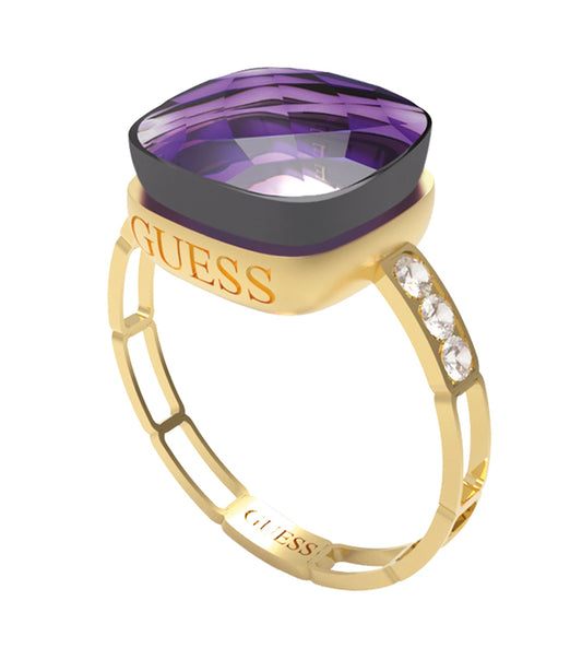 Guess Jewellery gold ring displayed from a front-right angle, showcasing its sleek metallic finish and modern design.