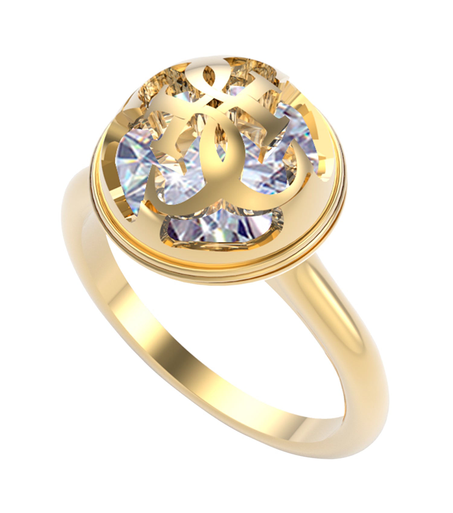 Guess Jewellery gold ring shown from a top angle, showcasing its elegant design and lustrous golden hue.