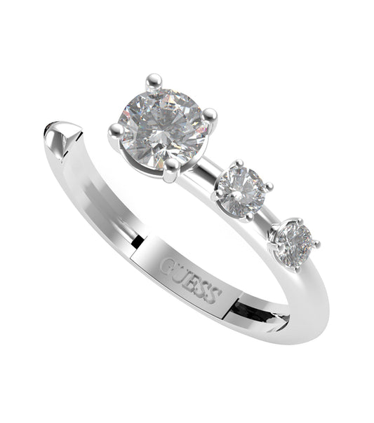 Elegant Guess Jewellery silver ring pictured in a stylish angled view, showcasing its intricate design and polished finish.