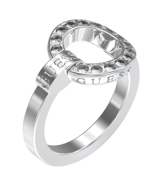 Elegant Guess Jewellery silver ring showcased from a top-down angle, highlighting its smooth band and reflective finish.