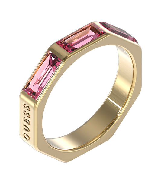 Elegant Guess Jewellery gold ring at a 45-degree angle, showcasing intricate design details with a luxurious, passionate flair.