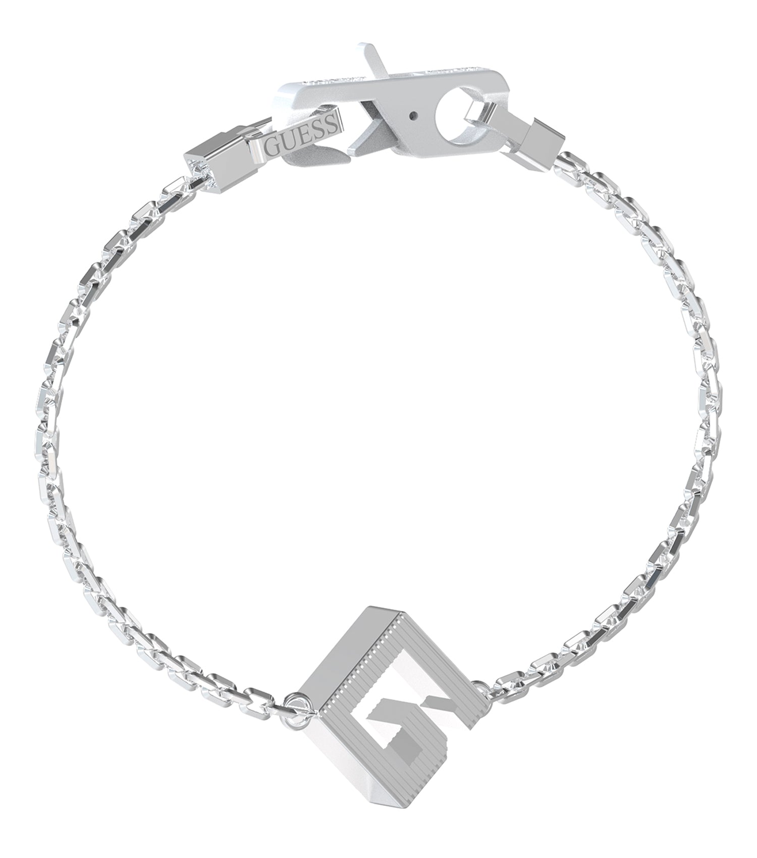 Elegant Guess Jewellery silver bracelet with a sleek, flowing design, beautifully captured from a top-down angle.