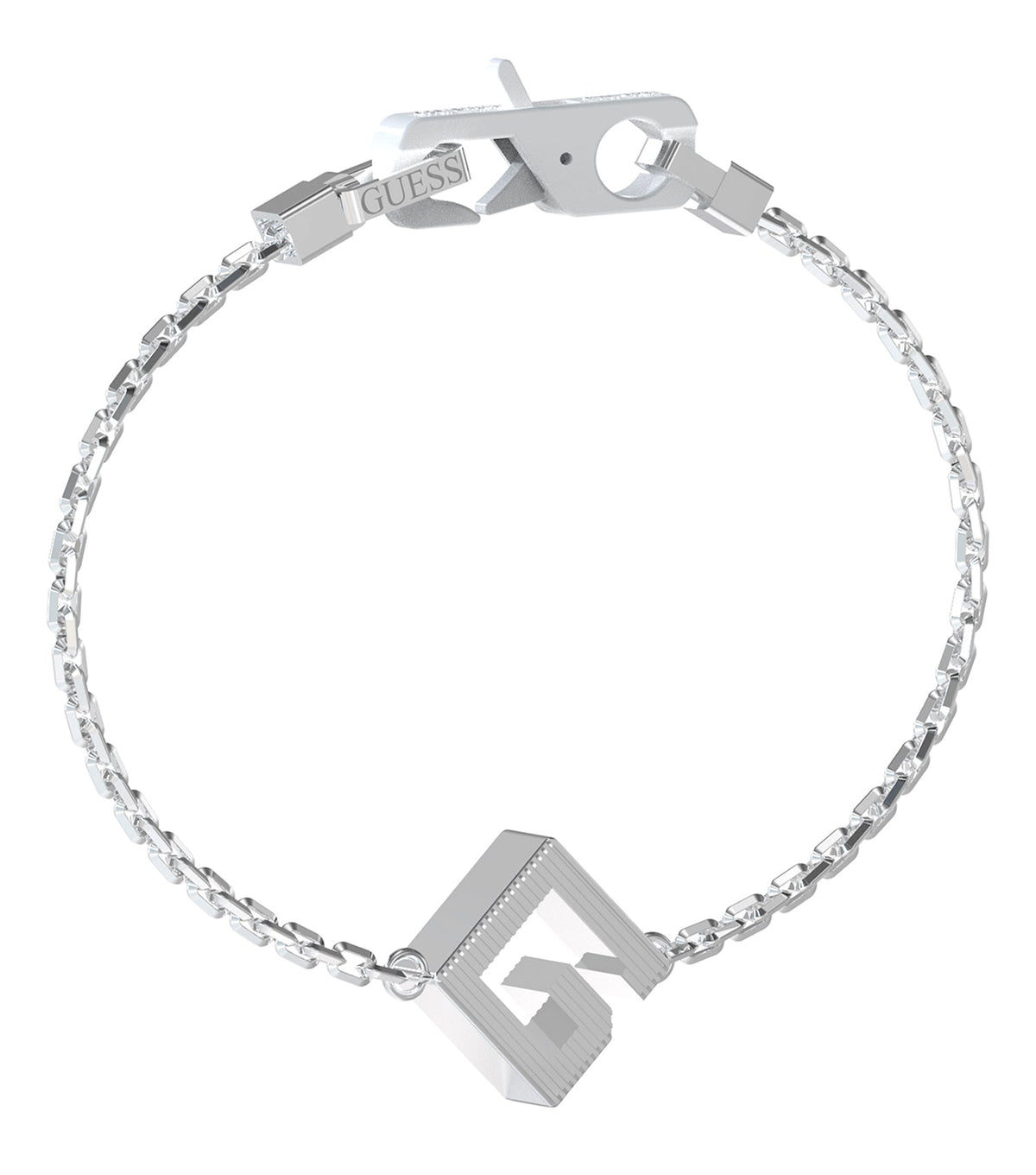 Elegant Guess Jewellery silver bracelet with a sleek, flowing design, beautifully captured from a top-down angle.