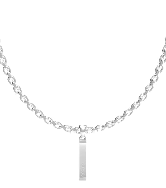 Guess Jewellery gunmetal necklace with sleek pendant, featuring a front-facing angle showcasing its elegant metallic finish.
