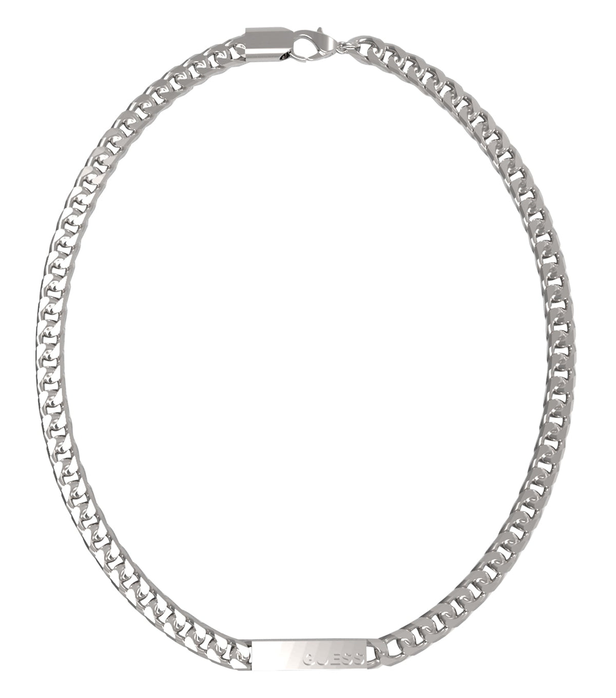 Guess Jewellery silver necklace displayed at a front angle, showcasing a sleek, elegant design on a minimalist gray background.