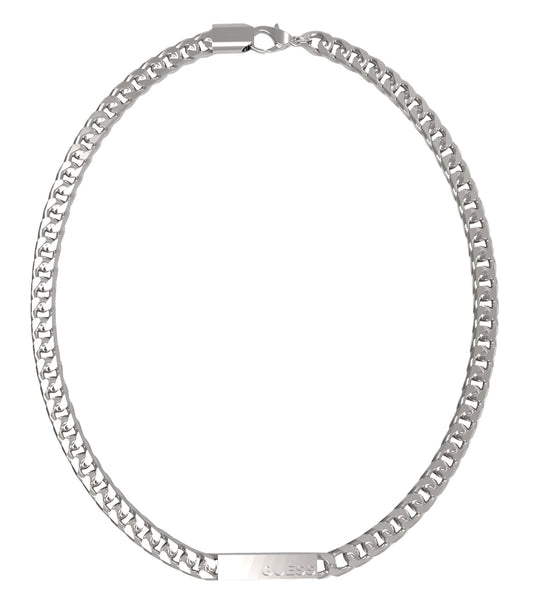 Guess Jewellery silver necklace displayed at a front angle, showcasing a sleek, elegant design on a minimalist gray background.