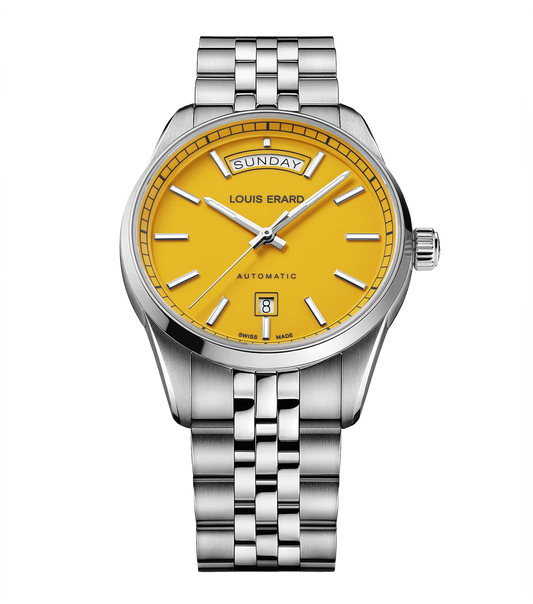 Yellow Louis Erard watch, elegant design, side angle view; 40mm face, showcasing luxury craftsmanship and unique style.