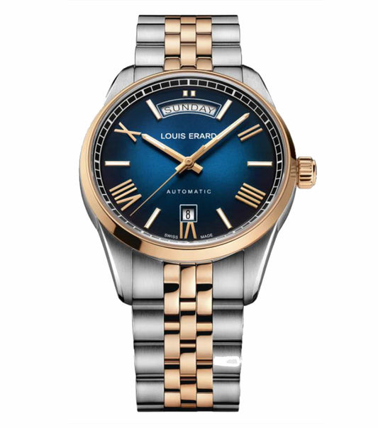 Louis Erard blue watch, two-tone design, 40mm, featuring a stylish face and bracelet, angled view showcasing craftsmanship.