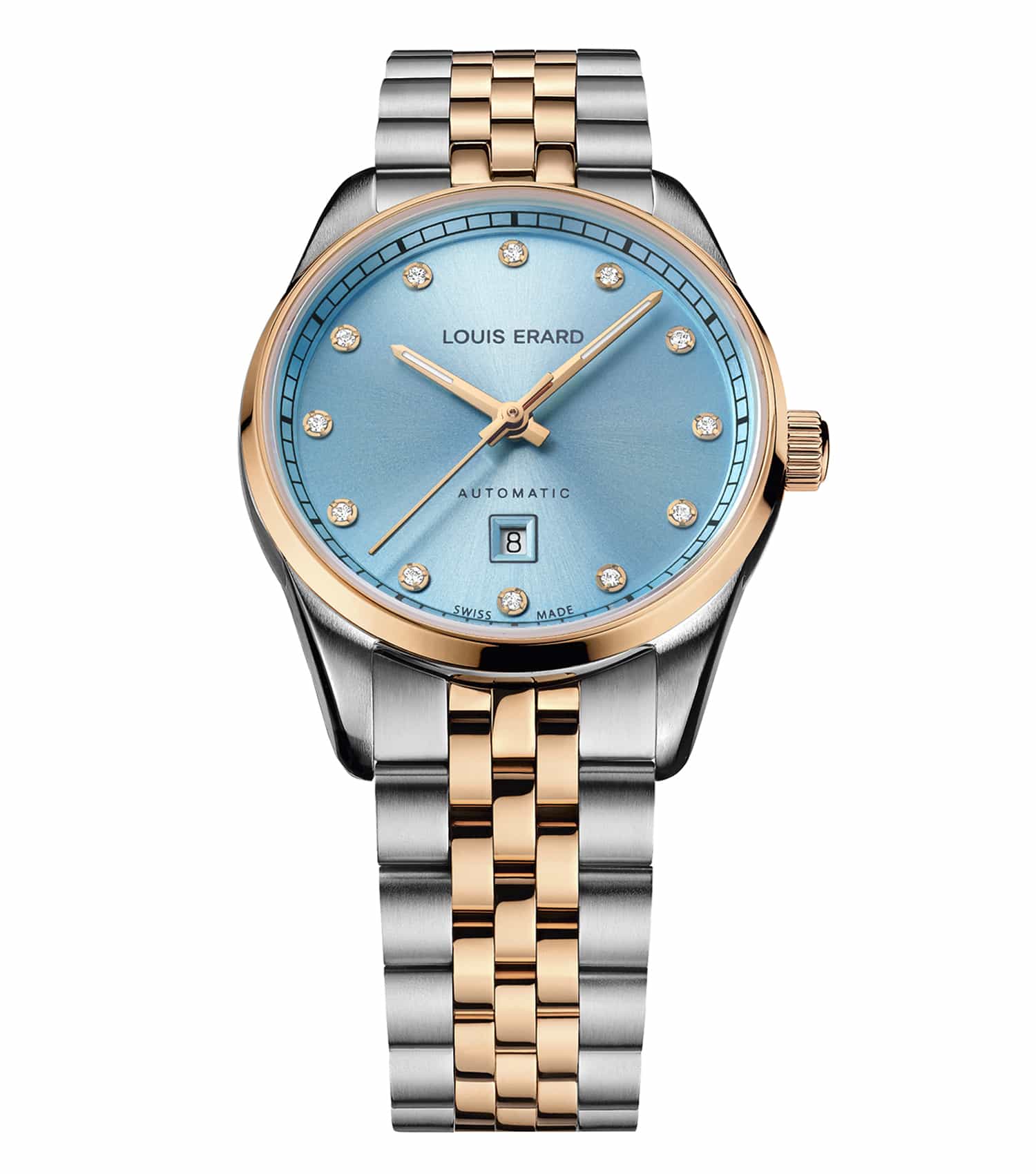 Louis Erard ice blue watch, elegant 30mm design, side angle view showcasing its sleek dial and refined strap aesthetics.