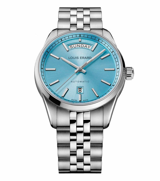 Louis Erard watch showcasing an ice blue dial, stainless steel case, side angle view with black strap, elegance personified.