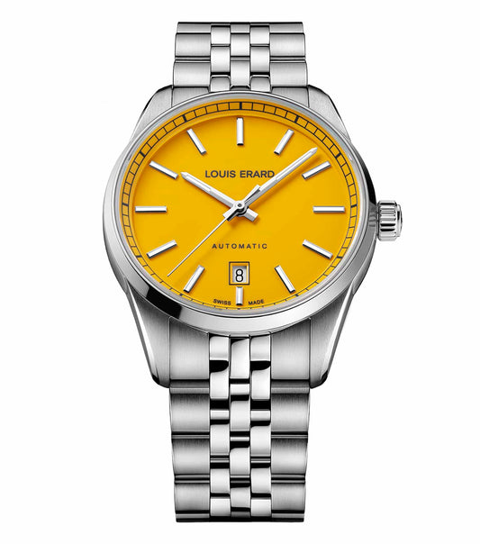 Louis Erard yellow wristwatch, side angle view showcasing elegant design and craftsmanship, ideal for watch enthusiasts.