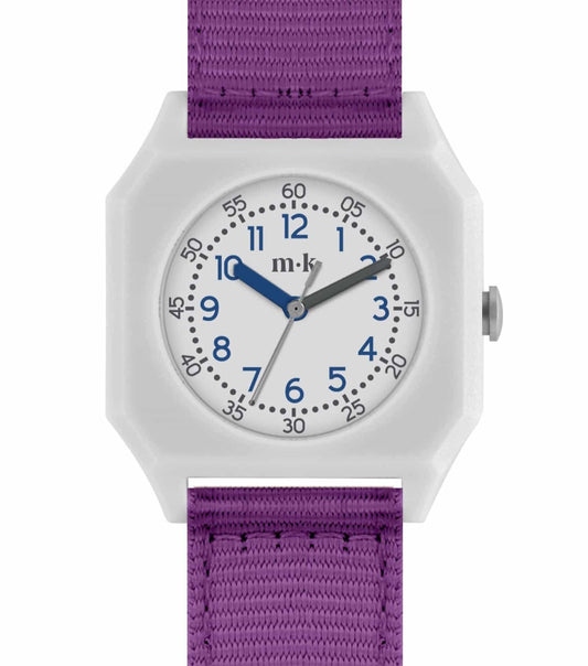 Violet mini kyomo watch with lavender strap, silver accents, angled front view showcasing elegant round dial with playful design.
