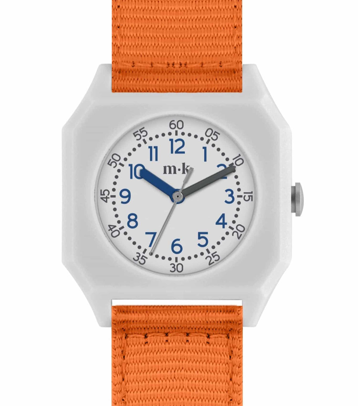 Mini Kyomo Tangerine Watch, side view; vibrant tangerine band and case, minimalist face; trendy timepiece for fashion enthusiasts