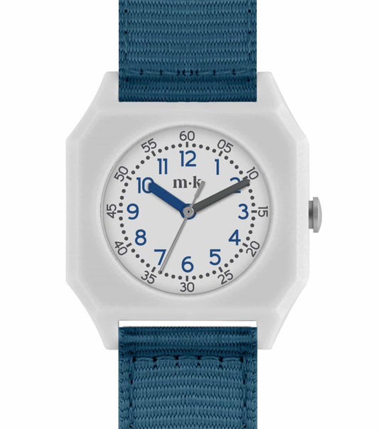 Blue mini kyomo watch with white dial, beige strap, seen from front-left angle, embodying effortless elegance.