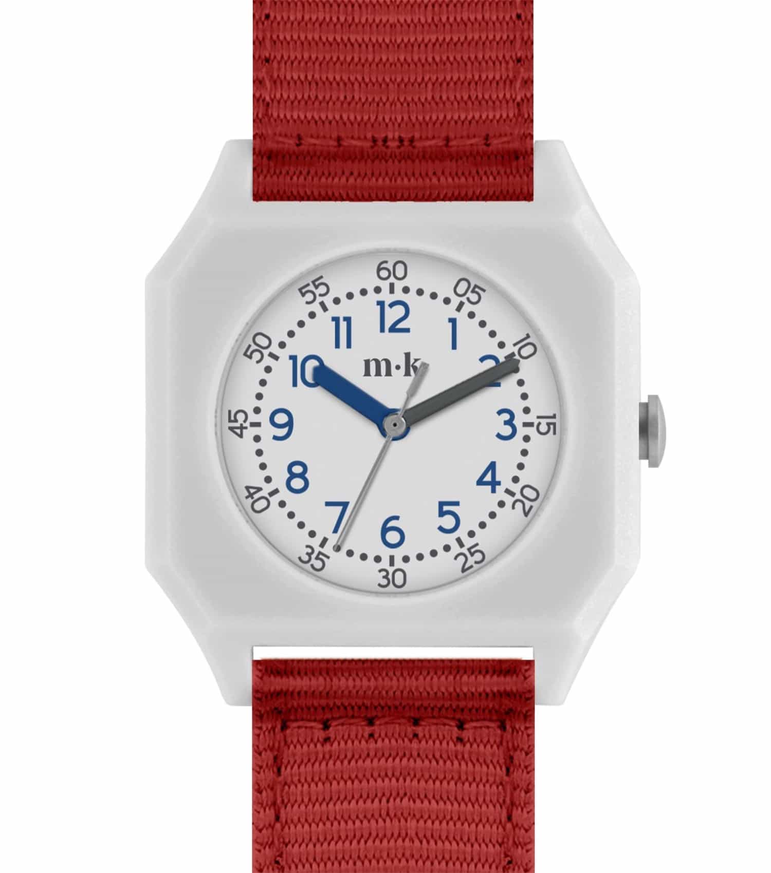 Mini Kyomo scarlet watch with easygoing flow, angled slightly from above, featuring playful design and vibrant strap.
