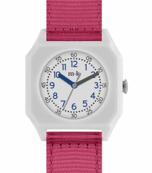 Mini Kyomo magenta watch with vibrant fabric strap, displayed at a 45-degree angle; perfect for fashion-forward youth.